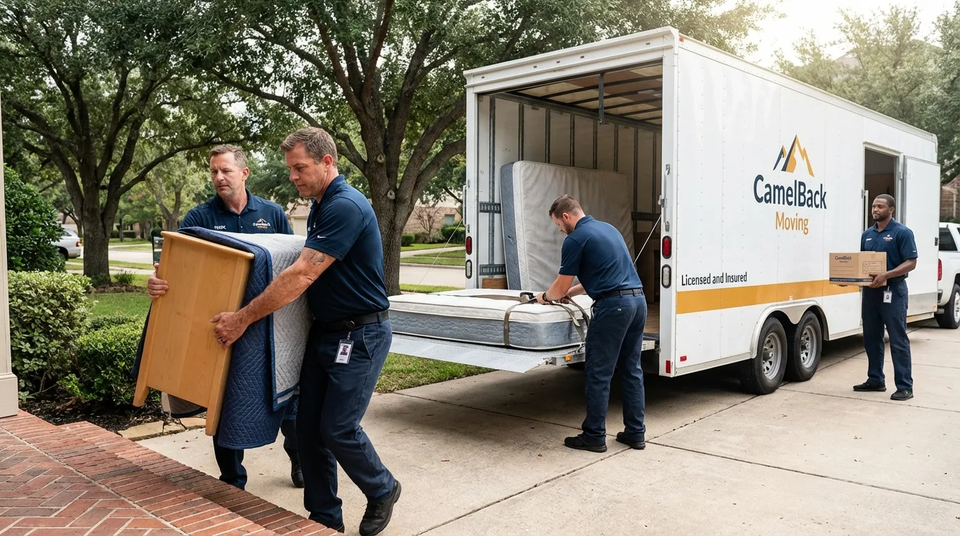 Crew loading residential truck for cross-state move from Christopher, IL