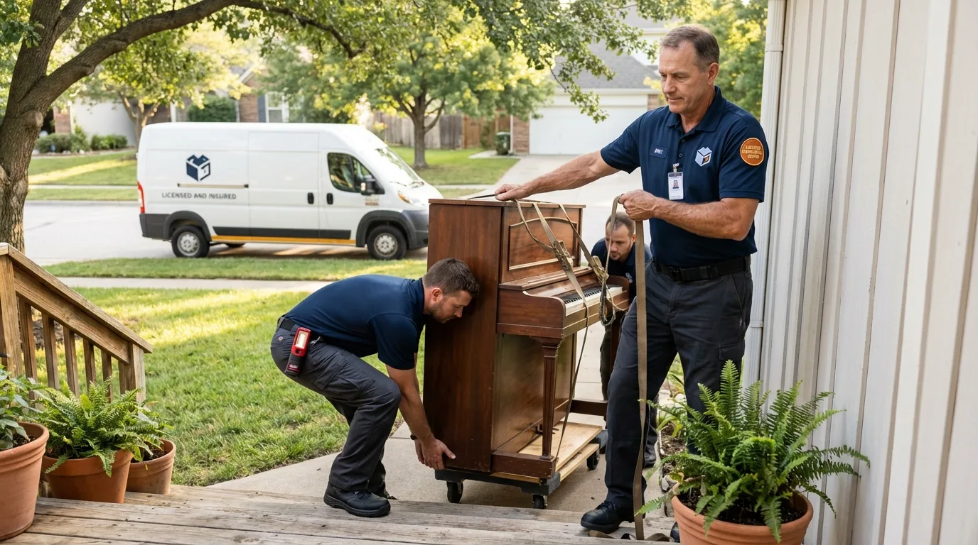 Licensed piano movers securing grand piano in Christopher, IL