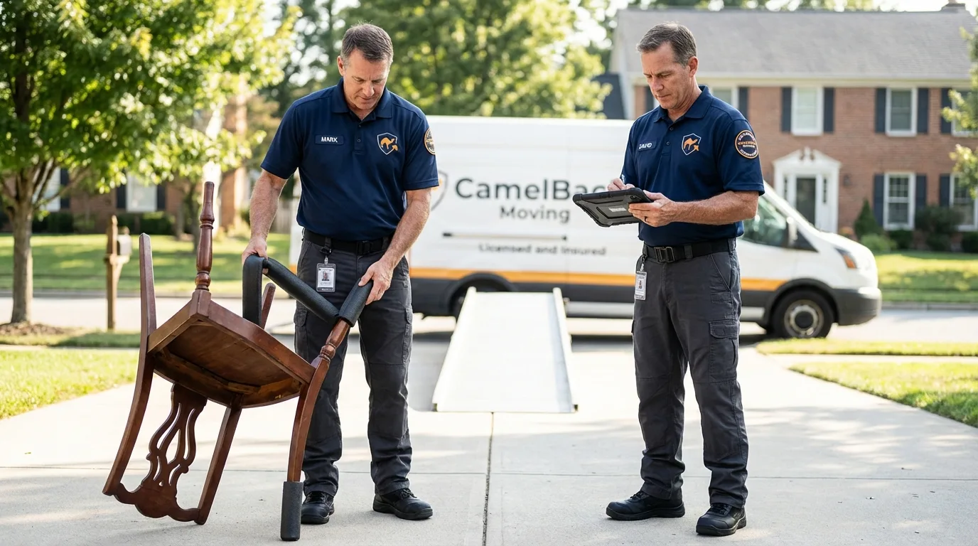 Movers inspecting furniture for damage prevention before loading in Christopher, IL
