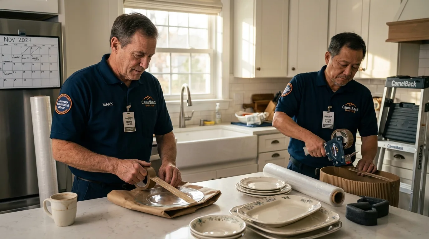Professional crew packing kitchen dishware in Christopher, IL